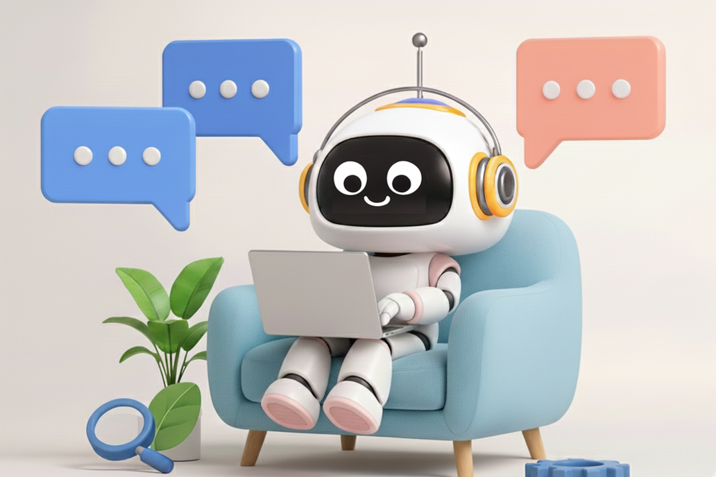 パソコンを操作するロボットのイラスト。初心者向けのチャットボットの作り方や対話型AI構築を説明する記事のイメージ画像。