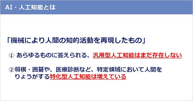 AI・人工知能とは「機械により人間の知的活動を再現したもの」①あらゆるものに答えられる、汎用型人工知能はまだ存在しない②将棋・囲碁や、医療診断など、特定領域において人間をりょうがする特化型人工知能は増えている