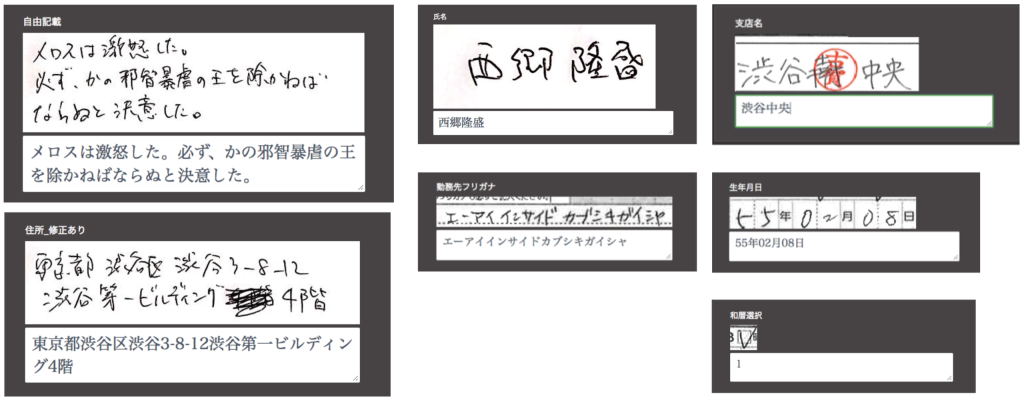 さまざまな手書き文字の読み取り例